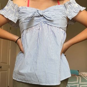 off the shoulder blue and white striped top